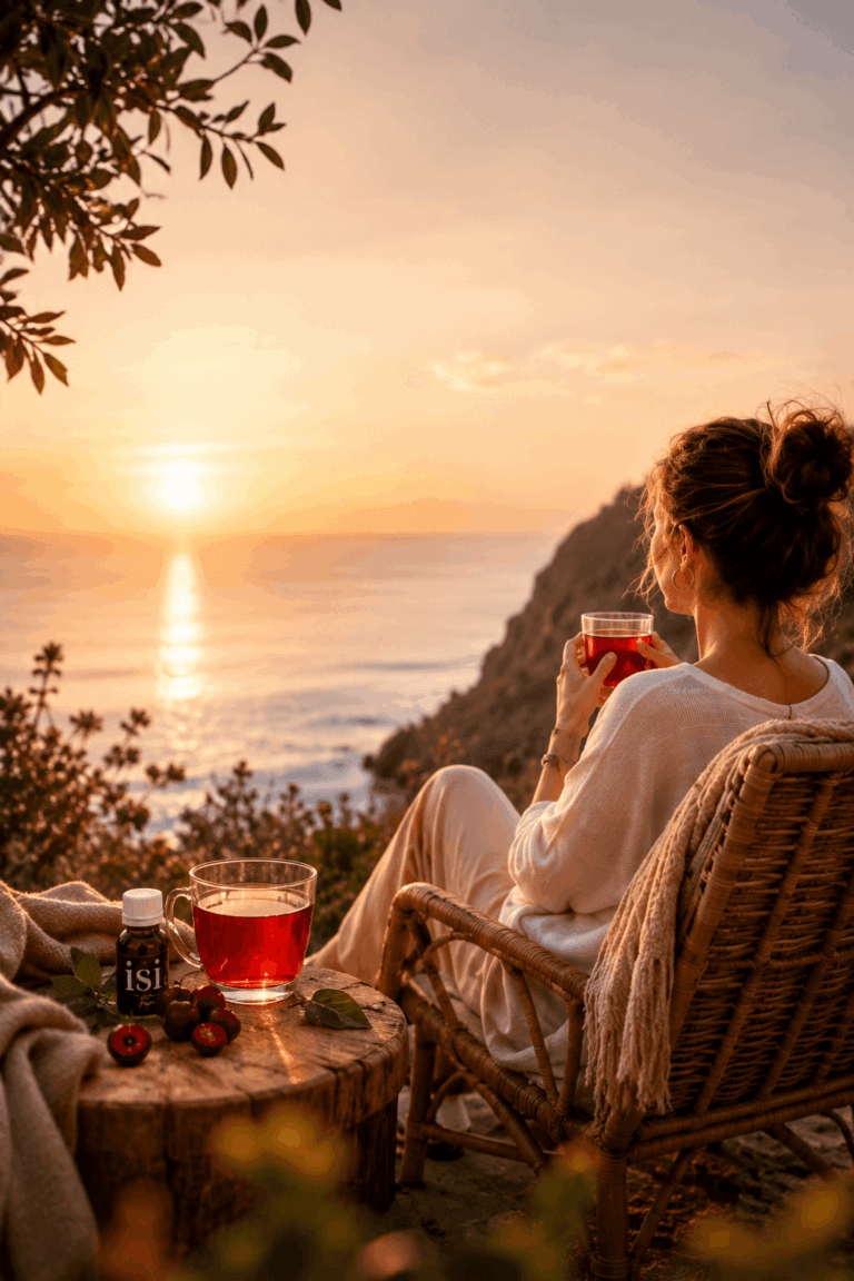 Entspannte Abendroutine für Frauen in den Wechseljahren: Frau sitzt mit Tee bei Sonnenuntergang am Meer. Inspiration für besseren Schlaf, weniger Stress, Hormonbalance und mehr innere Ruhe.