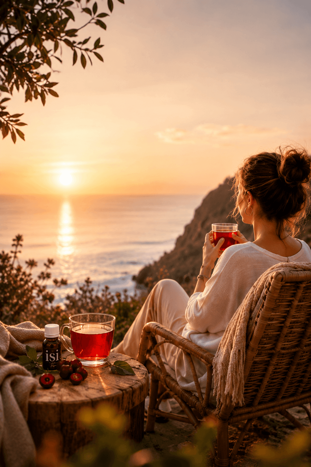 Entspannte Abendroutine für Frauen in den Wechseljahren: Frau sitzt mit Tee bei Sonnenuntergang am Meer. Inspiration für besseren Schlaf, weniger Stress, Hormonbalance und mehr innere Ruhe.