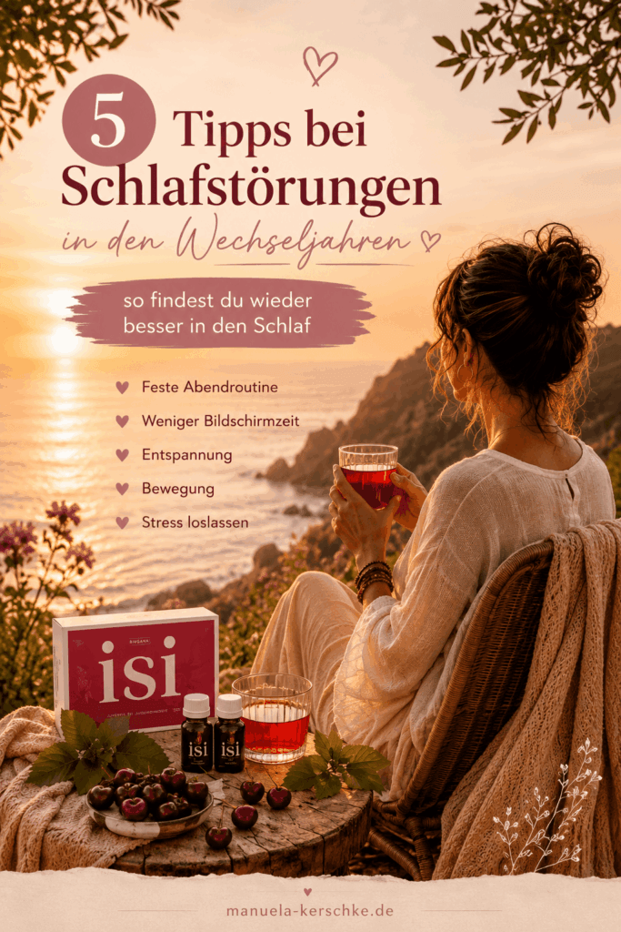 5 Tipps bei Schlafstörungen in den Wechseljahren – Frau genießt ein entspannendes Abendritual bei Sonnenuntergang. Natürliche Tipps für besseren Schlaf, weniger Stress und mehr Erholung in der Menopause.